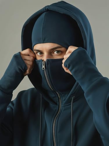 Image of ADRO Men Balaclava Hoodies | 320 GSM Soft Cotton Zipper Hoodie | Thumb-Hole Cuff Gloves | Travel Jacket with Hood | Winter Sweatshirt