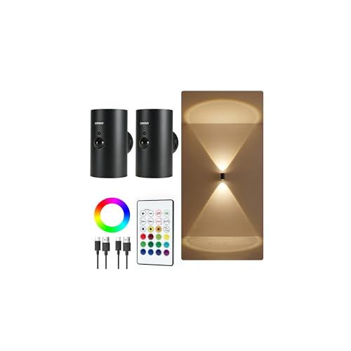 EZVALO Motion Sensor Wall Light, 4000mAh Rechargeable Wall Sconce with Remote, 12 RGB & 3 Color Temps, Up & Down Ambient Lighting for Bedroom, Hallway, Corner Decor (2 Pack, Black)