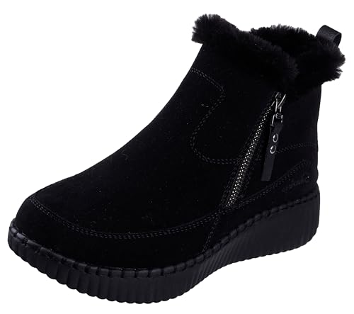 Skechers Women's WILSHIRE BLVD - FRESH ZIP, Side zip mid bootie with faux fur collar, Black/Black, 7.5M