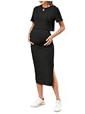 GORGLITTER Women's Maternity Co Ord Sets Rib Knit Short Sleeve Crewneck Top Split Midi Skirt 2 Piece Lounge Wear Black Large