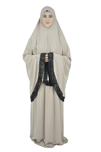 فستان صلاة اسلامي من قطعتين مع دانتيل، ملابس صلاة للنساء المسلمات، عباية صلاة للنساء، جلباب من قطعتين، اساسيات العمرة، مجموعة داماس (ارجواني فاتح)