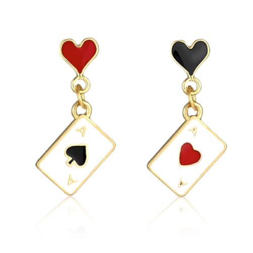 ZORTVUL Brincos de poker, assimétricos em forma de rainha de corações longos em forma de relógio e fichas de poker para mulher acessórios com tema de carnaval