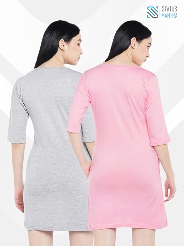 Image of STATUS MANTRA Long T-Shirt Dress for Women - Cotton Knee Length T Shirt Top | 3 /4th Sleeves, Soft Bio-Washed Fabric | Stylish Regular Fit Crew Neck