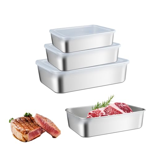 duisoad 3 Pieces Stainless Steel Containers with Lids, 1000ml/ 1800ml/ 3000ml Metal Food Containers with Lids Meal Prep Containers Reusable for Barbecue, Salad, Lunch, Refrigerator, Dishwasher