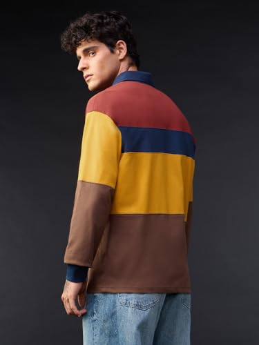 Image of The Souled Store: Pollen Men and Boys Long Sleeve Spread Collar Mustard Navy Brown Colour-Block Cotton Oversized Breathable Durable Lightweight All-Season Polos