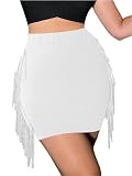 SOFIA'S CHOICE Women's Sexy Fringe Side Tassels High Waisted Bodycon Pencil Mini Skirt White Medium
