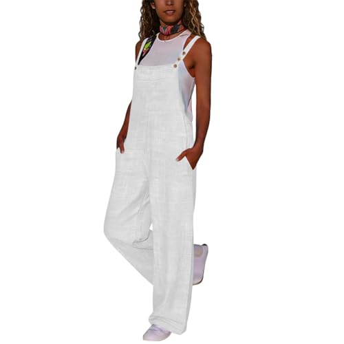 Peto para mujer de verano largo mono holgado de lino ligero con tirantes ajustables y bolsillos 4