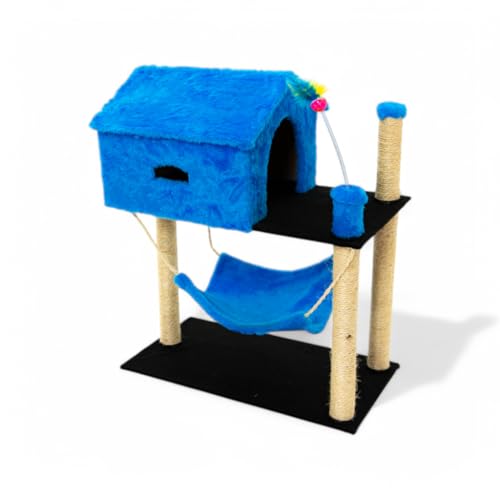 Casinha para Gato 2 Andares com Arranhador, Brinquedos e Rede – Playground Completo com Sisal para Gatos de Todas as Idades(Azul)