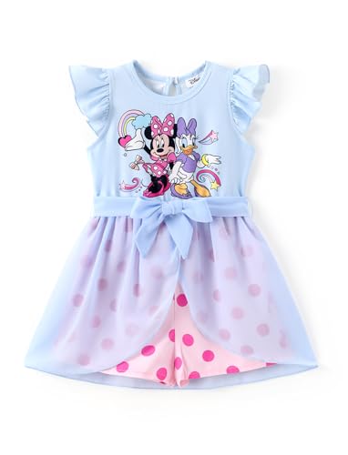 Disney Minnie Mouse&Daisy Toddler Girl Romper With Tulle Skirt Overlay Blue Bubble Print Ruffle Sleeve Tie Waist Bow Birthday Summer Jumpsuit 3-4T