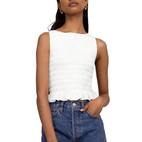 Women Smocked Tank Tops Shirred Ruffle Cami Summer Tanks (White, L) by Yuemengxuan - Used condition - US$17.81