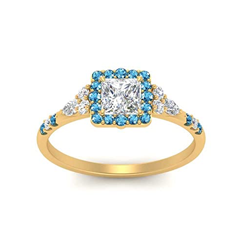 Image of Choose Your Color 14k Yellow Gold Plated Princess Shape Petite Engagement Rings Halo Edwardian Engagement Ring Everyday Wedding Jewelry Handmade Gifts for Wife : US Size 4 to 12
