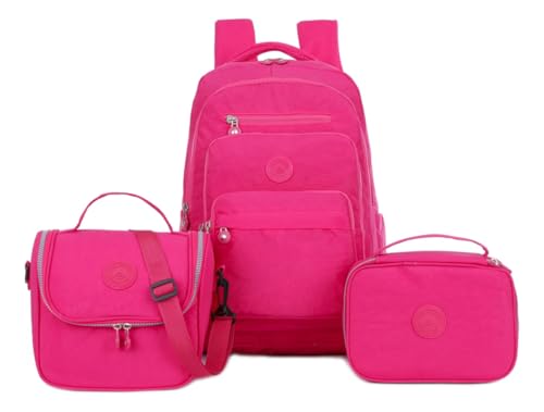 Kit 3 Pçs Mochila Feminina Reforçada + Linda Lancheira Termica + Estojo box Notebook Impermeavel (Pink)