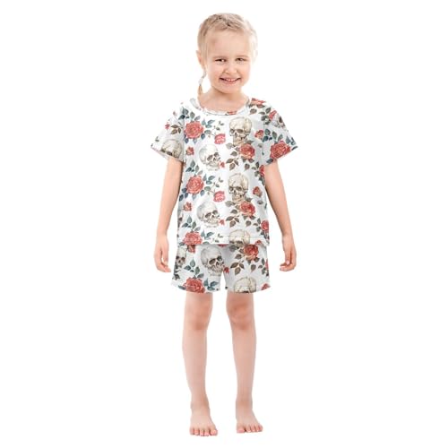 ALAZA Sugar Skull Rose Blossom Leaf Pajamas Short Sleeve 2 Piece Sleepwear Top and Bottom Pajama Set Unisex3