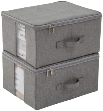 CANFOD Under Bed Storage 2 Pack, Under Bed Storage Containers, Blanket Storage Thick Panel, Underbed Storage Clear Window, Stackable Clothes Storage Bins (M（13.7x11x7in） for 8-10 T shirts, Light grey)