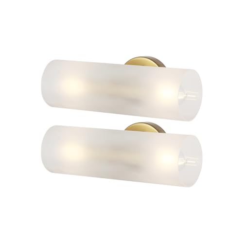 Image of Set of 2 Modern Wall Sconce 2 Lights Cylinder Wall Lamp Industrial Mid Century Bathroom Vanity Wall Light Frosted White Acrylic Glass Shade Brushed Brass Finished Lighting Fixture