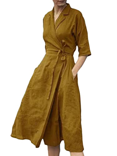 ORANDESIGNE Damen Leinenkleid Blusenkleid Lässig 1/2-Arm V-Ausschnitt Knielang Midikleid Einfarbig Lose Sommerkleid mit Taschen Swing Kleid F Gelb...