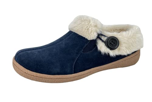 Clarks Womens Suede Leather Slipper with Gore and Bungee JMH2213 - Warm Plush Faux Fur Lining - Indoor Outdoor House Slippers For Women (7 M US, Navy)