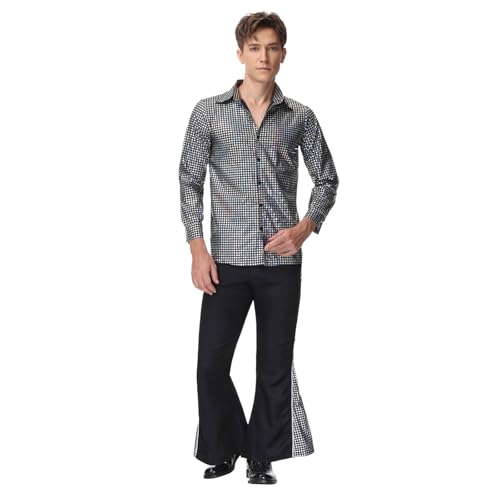 Tobysper Disfraz de carnaval para hombre, camisa estilo discoteca + pantalones retro de discoteca King de los años 70, discoteca, bailarín, hippie y pantalones para festivales de los setenta, Negro ,
