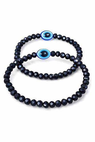 Roopsi Evil Eye Protection Beaded Bracelets for Kids, Black Faceted Crystal Beads with Blue Glass Evil Eye Charm, Stretch Fit, All Age Group, 2 Pack