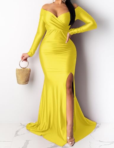Image of Womens Off Shoulder Sexy V Neck High Split Long Maxi Dress, Formal Cocktail Party Evening Gown Mermaid Dress