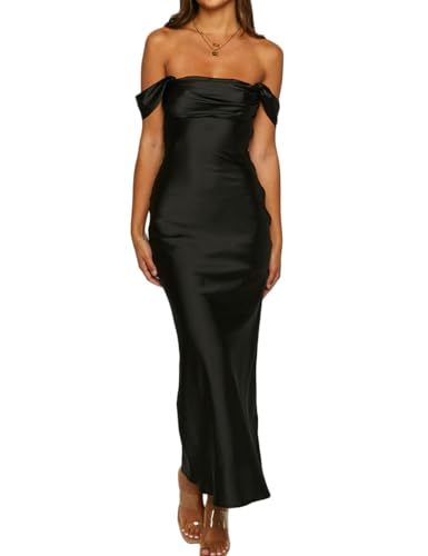 Image of Realtix Satin Off The Shoulder Strapless Bridesmaid Maxi Dress for Women | Elegant,Ruched,Backless,Long,Tube,Sleeveless,Bridesmaid,Wedding Guest,Evening,Cocktail Party,Semi Formal,Garden Party