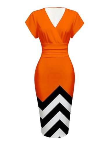 Women's Elegant V-Neck Chevron Print Bodycon Midi Dress | Orange Black White | Office Party | All-Season | Machine Washable (Mixed Color,Large)