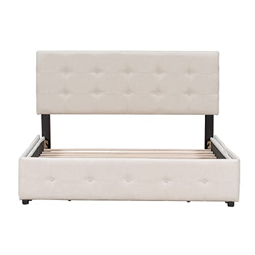 Queen Storage Bed, Upholstered Platform Bed Frame With 4 Storage Drawers And Headboard, Button Tufted Wooden Slat Support Queen Size In Beige Fabric #TOP6
