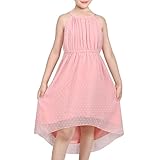 Este vestido de niña tiene cuello halter sin mangas, lunares texturizados y bajo asimétrico. El lazo en la espalda y la tela de gasa crean una silueta fluida y elegante. Perfecto para bodas como vestido de niña de las flores, fiestas en el jardín, fiestas de té, celebraciones de cumpleaños, sesiones de fotos, salidas de primavera, cenas en hoteles, picnics al aire libre y festivales de flores.