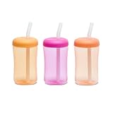 The First Years Squeeze & Sip Toddler Straw Cups - Squeezable Transition Sippy Cup with Silicone Straw - Toddler Feeding Supplies - Yellow/Pink/Orange - 7 Oz - 3 Count - Ages 6 Months and Up