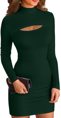 ELFIN Damen Bodycon Kleid Gerippt Langarm Minikleid Cut Outs Stehkragen Party Club Mini Kleid Einfarbig (S, Dunkelgrün)