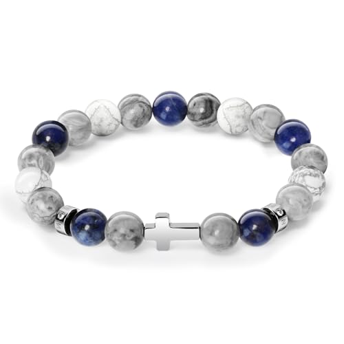 Men's Cross Bracelet, Christian Bead Bracelet for Men, 10mm Faith-Inspired Natural Stone, Perfect for Anniversary, Graduation, Christmas.