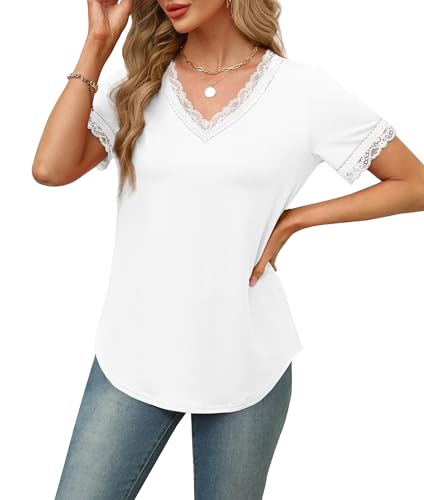 XIEERDUO V Neck T Shirts for Women Lace Sleeve Ladies Tops and Blouses Summer Outfits Basic Tee4