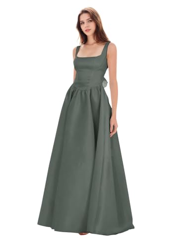 Long Satin Prom Dresses for Teens 2025 Square Neck Corset Formal Ball Gown A Line Evening Dress with Bow S02