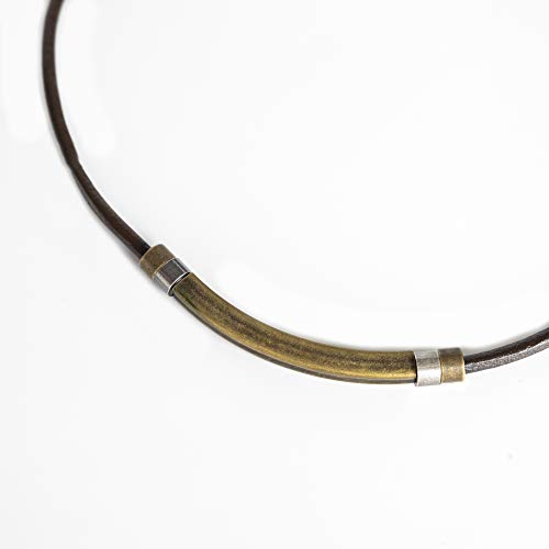 Men's Tribal Choker, Short Brown Leather & Brass Tube Bead Necklace For Men, Unique Handmade Boho Jewelry For Guys By Magoo #TOP3