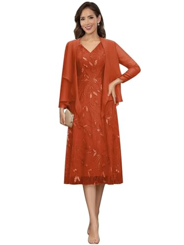 Image of 2 Pieces Mother of Bride Dresses with Jackets - Sequin Lace Chiffon A-Line Tea Length Formal Evening Dresses for Women