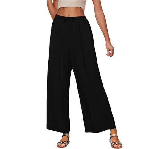 Linen Pants Women Wide Leg Flowy Palazzo Pants with Pockets Ladies Summer Casual Smocked Pull On Beach Pants 20254