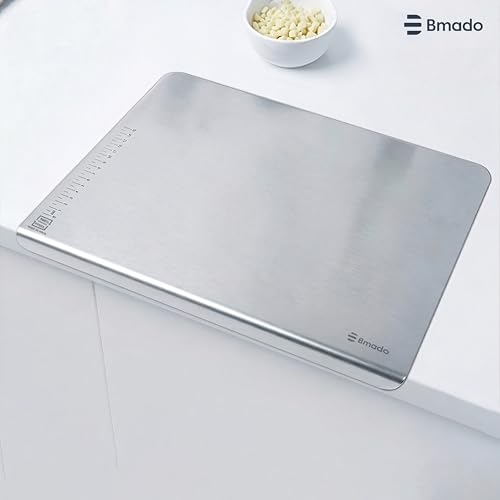 Image of Bmado Premium Stainless Steel Cutting Board | Large | 1.1 mm Thickness | Food-Grade Chopping Board for Kitchen | Ideal for Vegetables, Fruits, Bread & Everyday Food Prep (351 x 310 x 1.1),950g