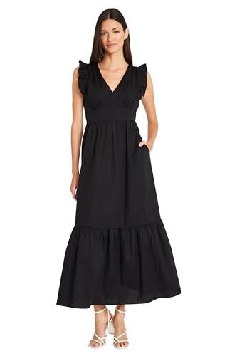 Image of Maggy London Women's V-Neck Ruffle Details Cotton Poplin Maxi Dress