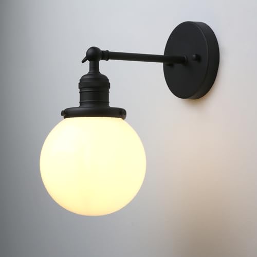 Image of Phansthy 1-Light Wall Sconce, Brass Boho Bathroom Vanity Light, Modern Wall Light with Globe Glass Shade E26 Base, Adjustable Wall Lighting Fixtures for Bedroom, Living Room (Black, White Shade)