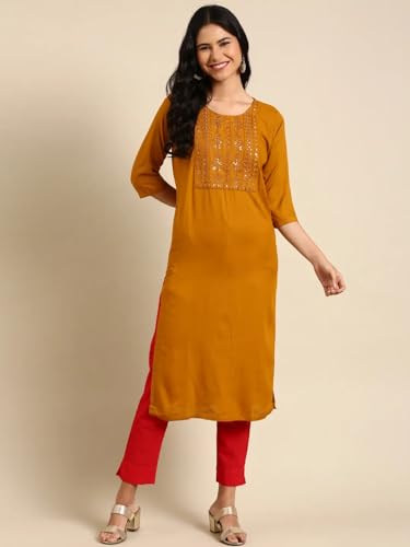 Image of SHOWOFFFF Women Solid Straight Ethnic Kurta | Round Neck 3 /4th Sleeves Cotton Kurta for Womens | Regular Fit Calf Length Kurta for Women's