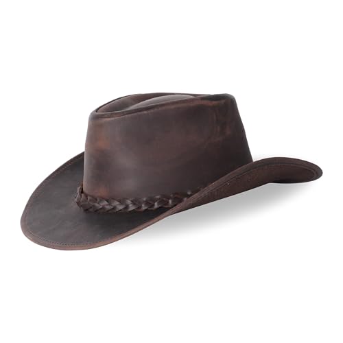 XSHAMROCK Leather Cowboy Hat for Men & Women - Adjustable Brim Western Handcrafted Outback Hat for Ranch & Travel (US Alpha Large Brown)