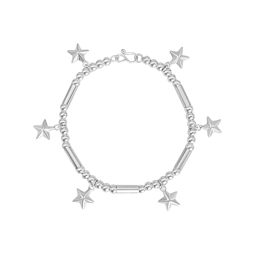 Silverly Sterling Silver Chunky Tube and Ball Bead Bracelet With Faceted Stars - Elastic Star Charm Bracelets for Women - Celestial 925 Solid Silver Jewellery - Boho Gift for Daughter