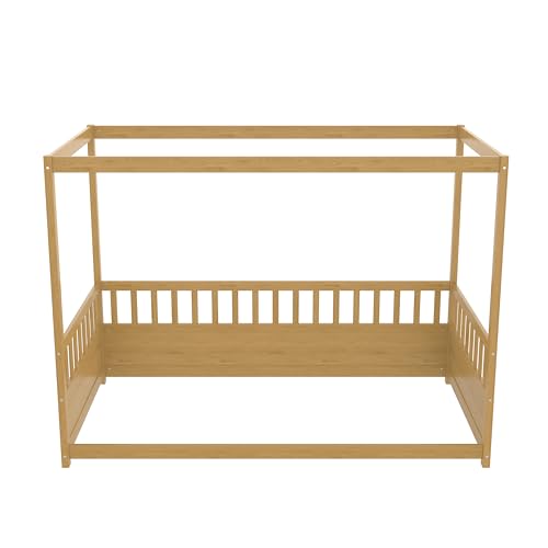 METAMONDE 8 M Twin Size Wooden Canopy Bed Frame, Floor Bed with 21.45 Inch Safety Rails, Natural Pine Wood