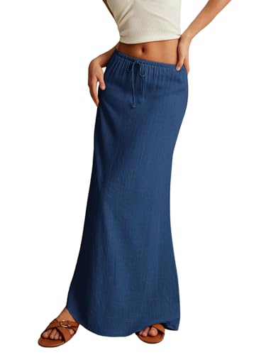 EARKOHA 2025 Women's Summer Maxi Skirt Drawstring Low Waist A Line Linen Long Flowy Skirts Navy Blue M
