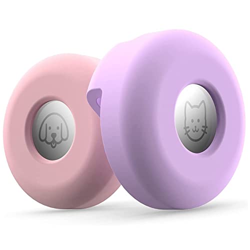 Melitt 犬用首輪(2パック)、 Airtags用シリコンペットカラーケース、紛失防止エアタグケースペットループホルダーパープル+ピンク