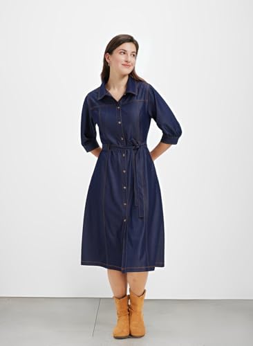 KYAL Women’s Denim Shirt Dress Short Sleeve Belted Button Down Jean Dress 6