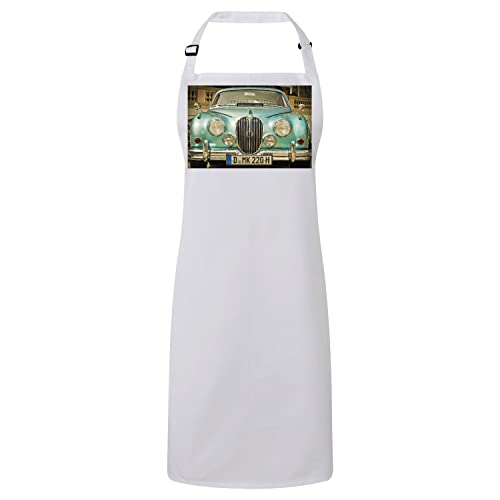 Tablier cuisine premium blanc imprimé voiture vintage sport vert d'eau 1960 rétro