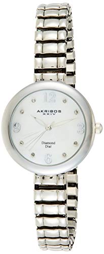 Akribos XXIV Women's Genuine Diamond Hour Marker - Quartz Movement Watch with Mother of Pearl Dial on Stainless Steel Bracelet -AK765