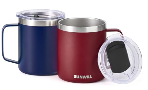 Image of SUNWILL 14 oz Coffee Mug Set, Vacuum Insulated Camping Mug with Lid, Double Wall Stainless Steel Travel Tumbler, Coffee Cup Outdoor, Powder Coated Navy Blue & Wine Red 2 Pack