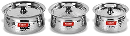 Sumeet Stainless Steel Handcrafted Hammered Texture 3 pc Induction & Gas Stove Friendly Cook and Serve Handi Set Set With Lids (Capacity -1 Ltr, 1.2 Ltr,1.7 Ltr)